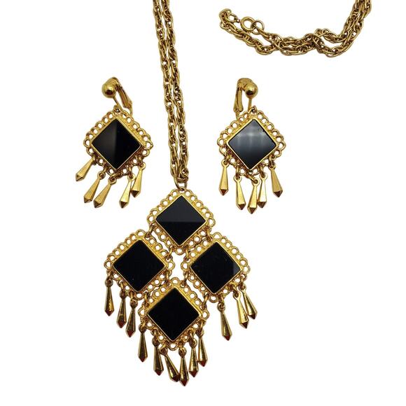 Celebrity Black White Pendant Necklace Clip Earrings Gold Fringe Retro Statement - Picture 10 of 11